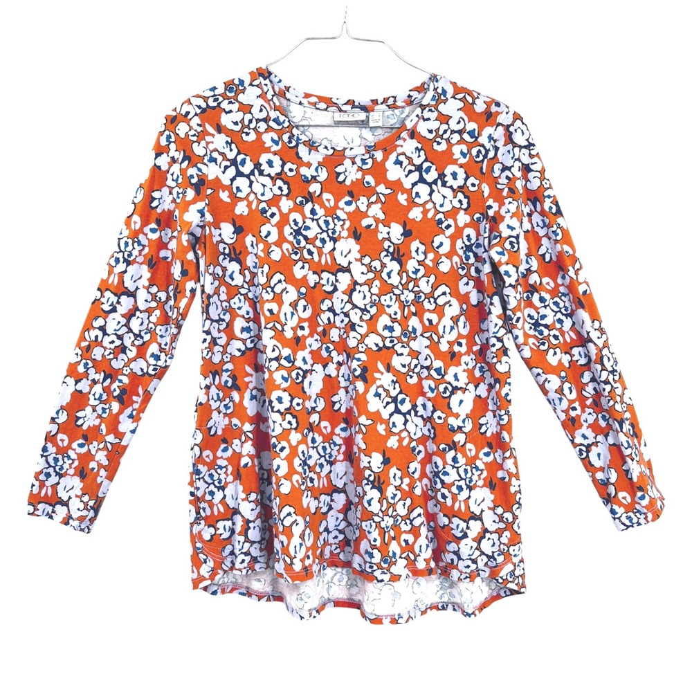 LOCO Lori Goldstein Womens S Floral Print Long‎ Sleeve Swing Top Shirt Orange
